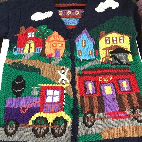 Vintage Karen Scott Hand Knits Village Train Cardigan - Picture 3 of 10